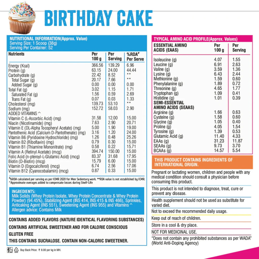 Healthfarm Crunch Whey | Grassfed Whey Protein 2kg Birthday Cake Flavor