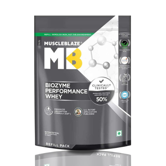 MuscleBlaze Biozyme Performance Whey Protein Powder, 1 kg (2.2 lb), Refill Pack Rich Chocolate